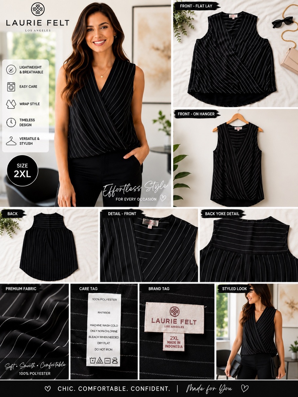 Laurie Felt | Women's Black Sleeveless Wrap Blouse w/Silver Pinstripes | 2XL